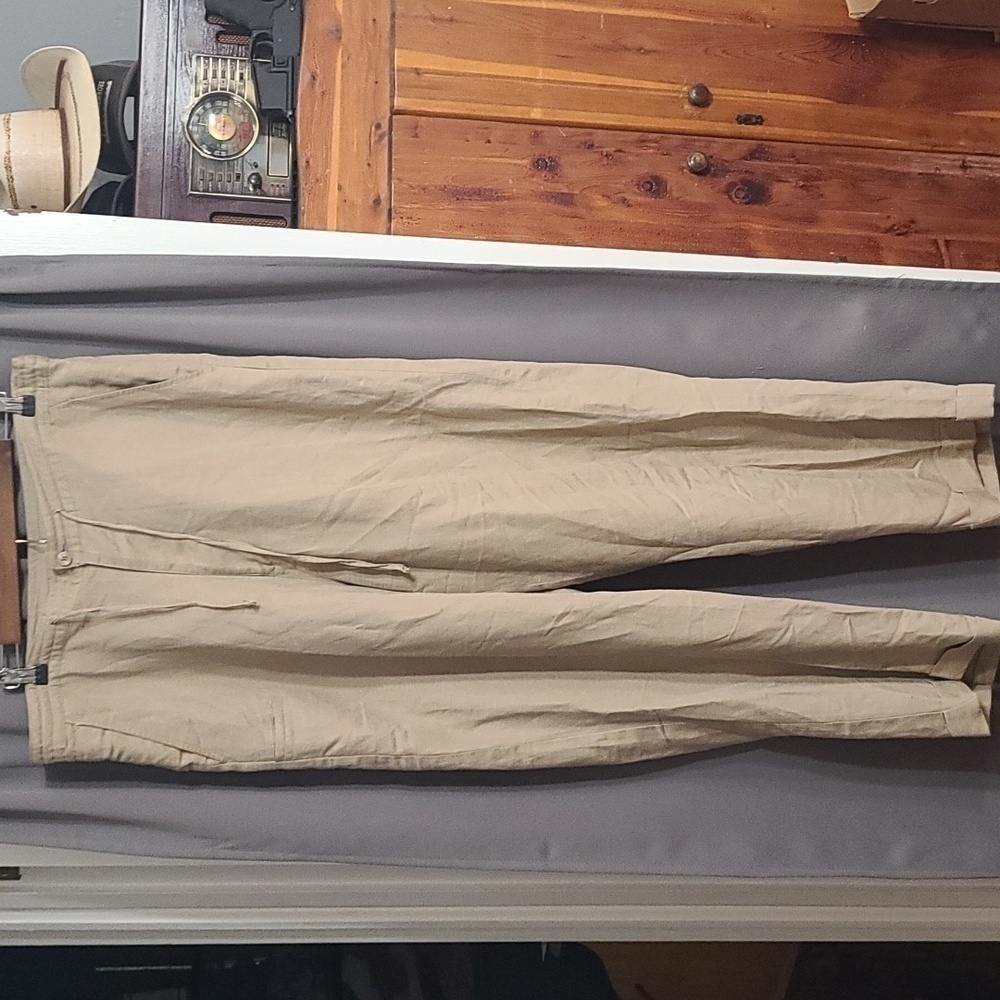 Linea Uomo Mens Linen Blend Pants Tan Drawstring/Zip Lined‎ Pockets Sz 36x32 EUC